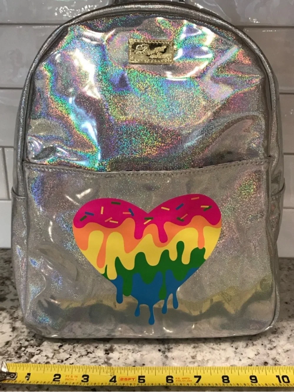 BETSEY JOHNSON Metallic Silver Rainbow Heart Sprinkle Backpack
